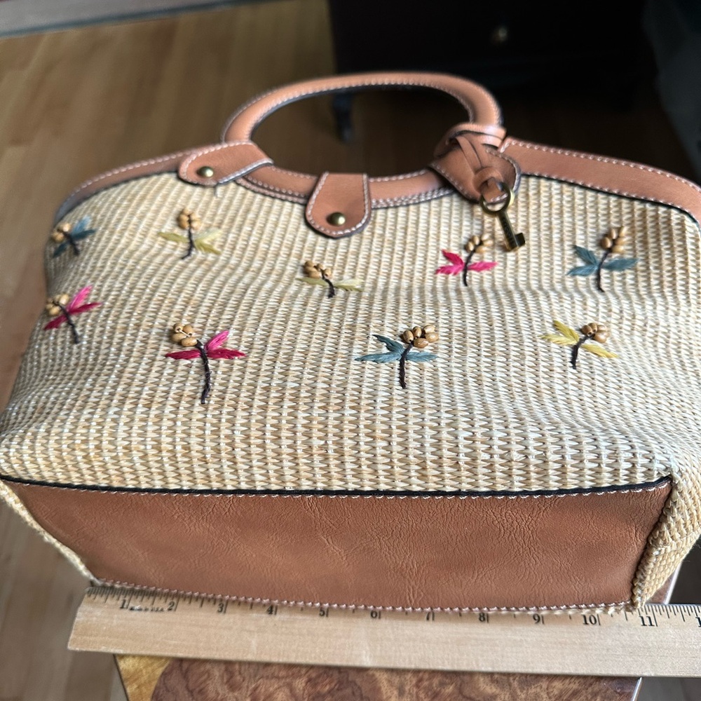 Coastal Boho Vintage Fossil Brown Leather & Floral-Embroidered Straw SatchelBag - Picture 12 of 15